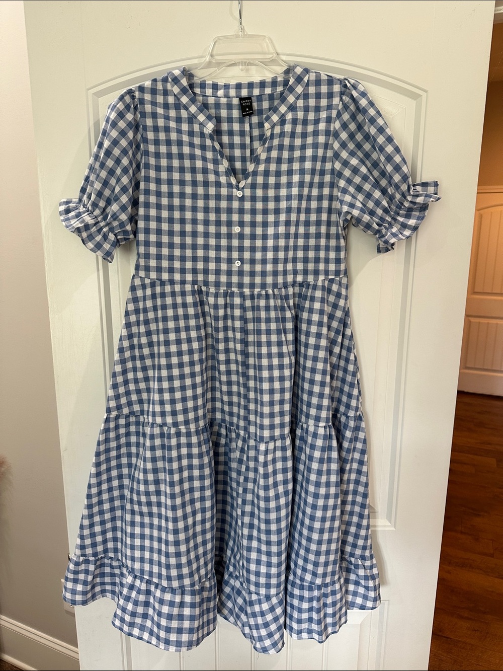 Blue and White Gingham Tiered Midi Boutique Dress